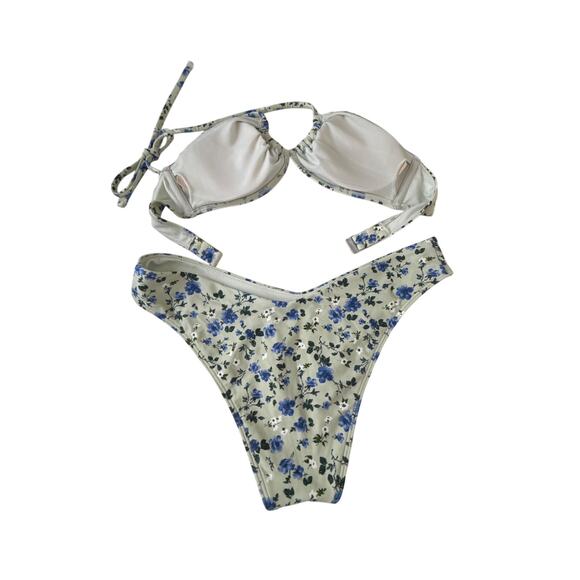 Abercrombie Bikini Upside Down Halter Triangle Top Mid-Rise High-Leg Bottoms - Picture 12 of 13